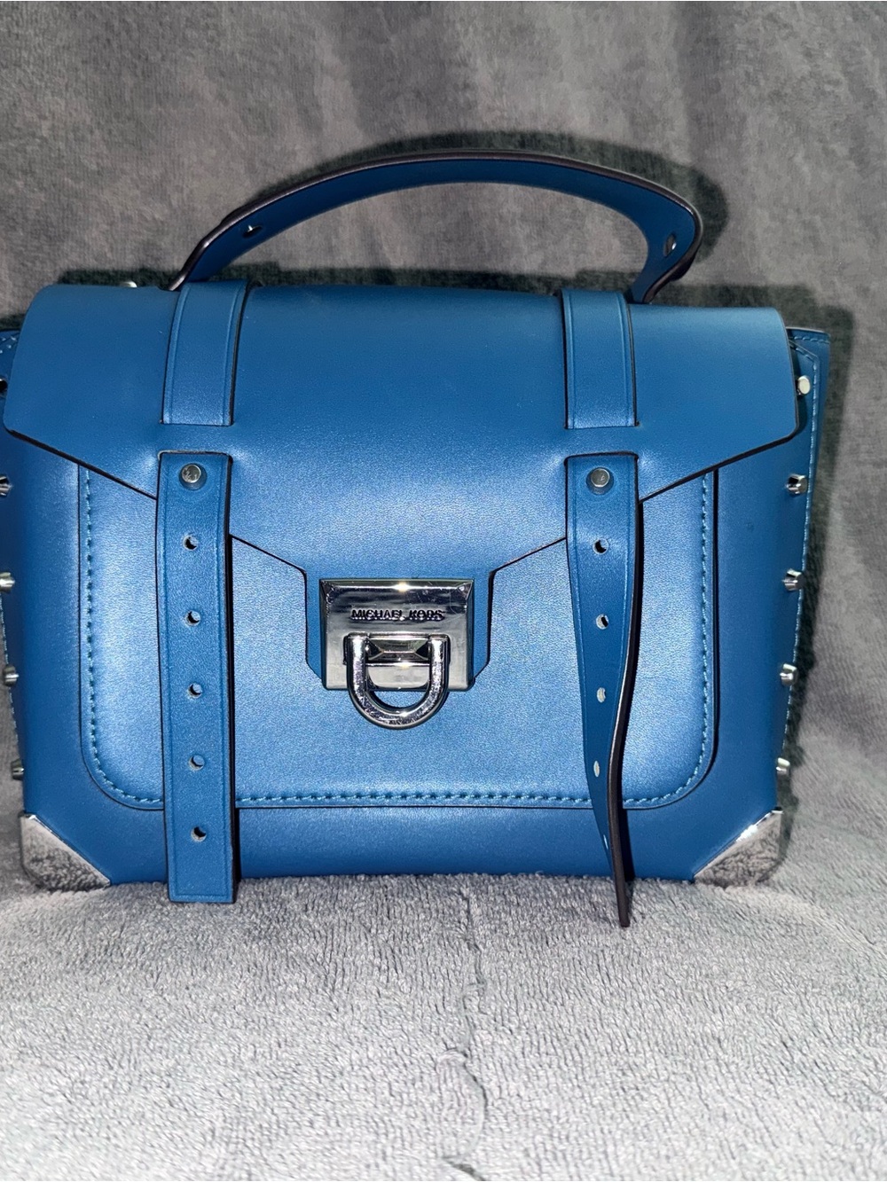 Michael Kors Blue Leather Stud-Trim Top Handle Satchel. AUTHENTIC GUARANTEED